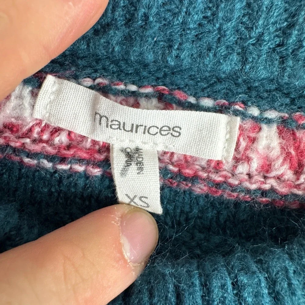 Maurices Womens XS Teal Blue Fair Isle Knit Crewneck Sweater Nordic Geometric